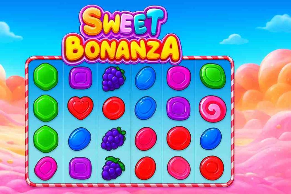 Tela do jogo Sweet Bonanza 888roxo mostrando doces e multiplicadores