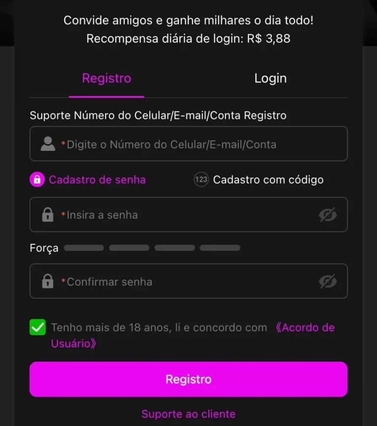 Tela de criação de conta na plataforma 888roxo