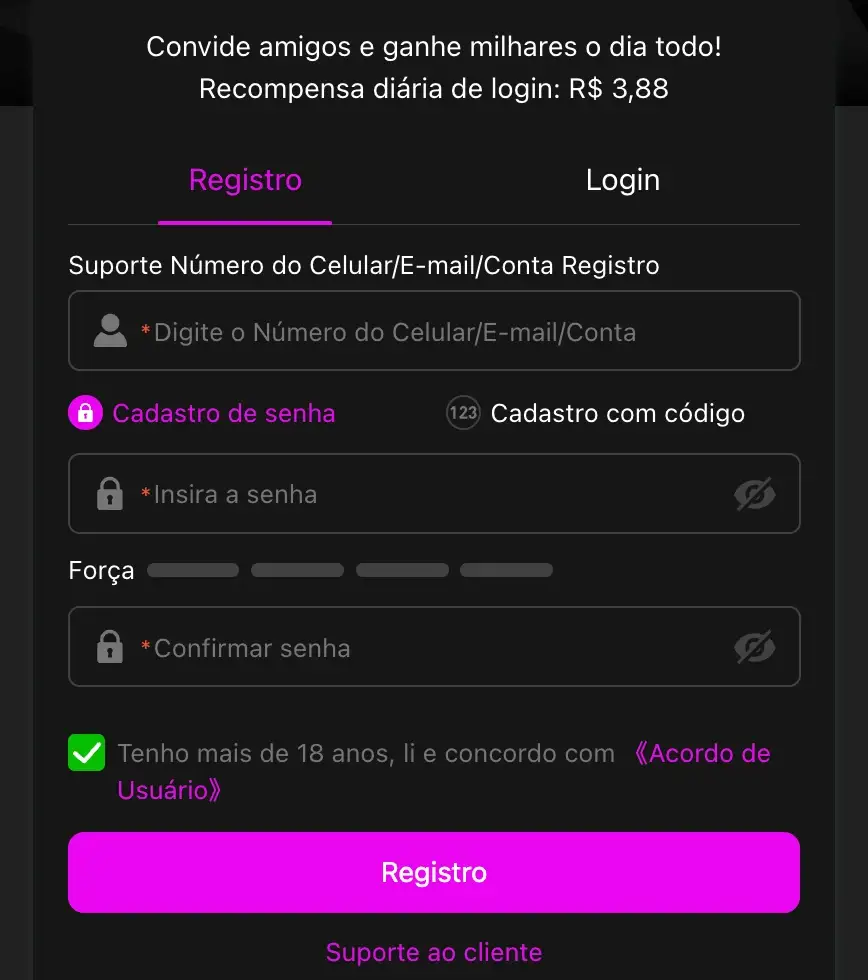 Tela de criação de conta na plataforma 888roxo